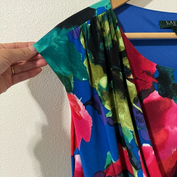 Lauren Ralph Lauren Multicolor Floral Ruched Faux Wrap Sleeveless Midi Dress-16 - Picture 5 of 8